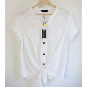Cable & Gauge White Cotton Blouse | Short Sleeve Button Tie Front | M